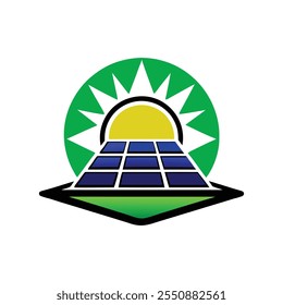 Un moderno icono de logotipo minimalista con un sol brillante sobre una rejilla de paneles solares, que simboliza la energía limpia. Su elegante diseño destaca la sostenibilidad de las energías renovables y la innovación ecológica