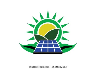 Un moderno icono de logotipo minimalista con un sol brillante sobre una rejilla de paneles solares, que simboliza la energía limpia. Su elegante diseño destaca la sostenibilidad de las energías renovables y la innovación ecológica