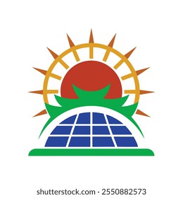 A modern minimalistic logo icon featuring a shining sun above a grid of solar panels, symbolizing clean energy. Its sleek design highlights renewable energy's sustainability and ecofriendly innovation