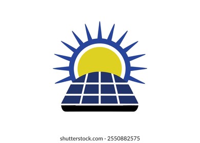 Un moderno icono de logotipo minimalista con un sol brillante sobre una rejilla de paneles solares, que simboliza la energía limpia. Su elegante diseño destaca la sostenibilidad de las energías renovables y la innovación ecológica