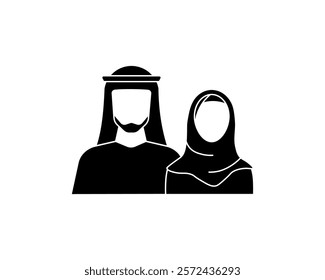 A modern minimalistic logo of a Muslim family, showcasing a husband and wife in Arabic costume, emphasizing faith and cultural unity.