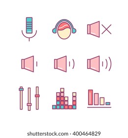Modern minimalistic media player user interface icons sings set. Thin line art icons. Flat style illustrations isolated on white. Line icons for design projects.