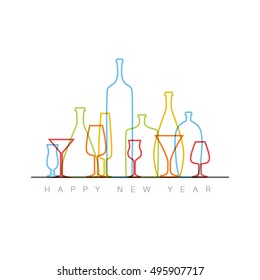 Modern minimalistic New Year card with bottles and glasses