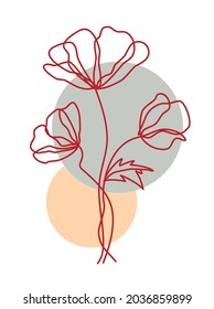 Modern minimalistic one line drawing of poppy flowers. Linear picture, hand drawing, doodle