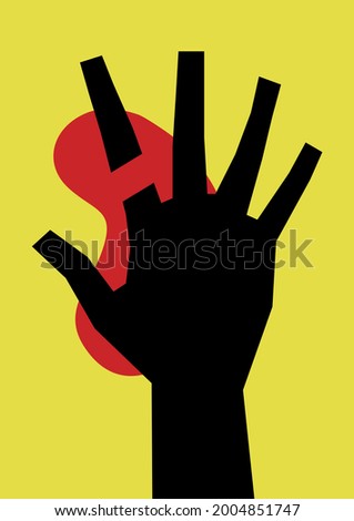 Modern minimalistic poster background. Black silhouette of a hand with a severed finger and a red blood stain on a yellow background. Thriller, horror, detective design with copyspace A4, А3 format