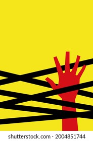 Modern minimalistic poster background. Red silhouette of a hand trapped from black stripes on a yellow background. Thriller, horror, detective design with copyspace suitable for A3, А4 format