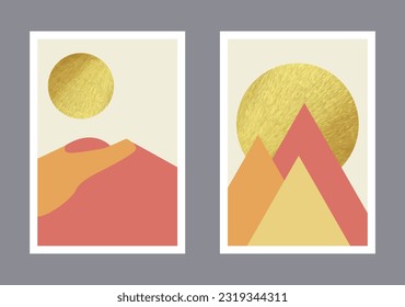 Modern minimalistic poster set. Desert landscape . Mid century art, abstract prints sun nature scenes, minimal contemporary wall decor. Vector illustration