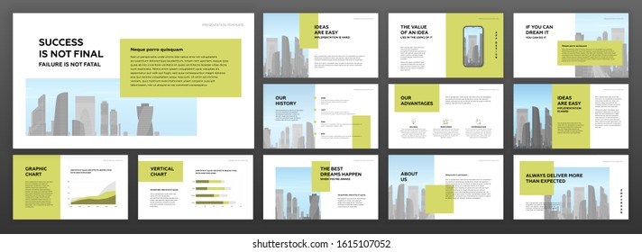 Modern minimalistic powerpoint presentation templates set for business with cityscape vector illustration on background. Keynote template, social media banner, booklet design, brochure concept.