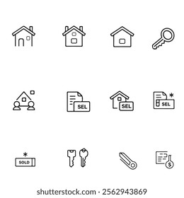 Modern Minimalistic Real Estate Icons Set - Editable Outline Design for Web and Print, Scalable, Monochromatic, and Geometric Elements