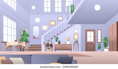 Modern minimalistic room with hallway and stairs. Luxury home interior with perspective. Flat illustration