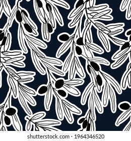 Patrón minimalista moderno sin fisuras. Fondo contemporáneo con ramas de aceitunas en fondo azul marino. Ilustración de moda perfecta para impresiones, tela, papel envolvente, textil, papel tapiz.