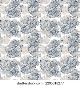 Patrón minimalista moderno sin fisuras. Fondo azul contemporáneo con formas abstractas tropicales minimalistas. Ilustración vectorial de moda perfecta para impresiones, tela, papel envolvente, textil, papel tapiz.