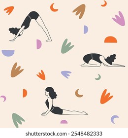 Modern minimalistic seamless Yoga pattern with colorful shapes