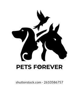 Modern and minimalistic silhouette logo of dog, cat, horse, and bird perfect for veterinary clinics and pet brands