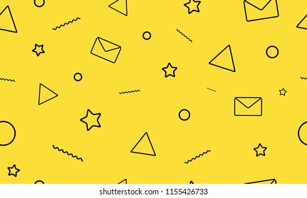 Modern minimalistic style seamless pattern on the yellow background. Letters, e-mail, stars and triangle icons. Trendy abstract background with random shapes for print,cover, textile,brochure and web