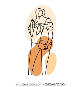 Modern, minimalistic and stylish fashion lady. Vector illustration in hand drawn outline doodle simple contour style isolated on white background. For presentation, cover art, web site.