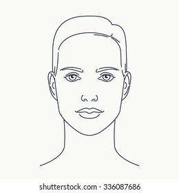Modern minimalistic thin line female face. Cosmetics and beauty vector linear design element on woman portrait. Ideal for facial skin care, makeup, plastic surgery graphic and web design, publications