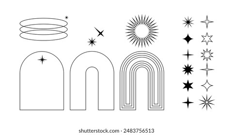 Modern minimalistic trendy line elements, stars and arches. Y2K vector collection