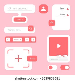 Modern and minimalistic UI kit elements for mobile application design, featuring search bars, chat boxes, media player, buttons, and icons in a pink color scheme.