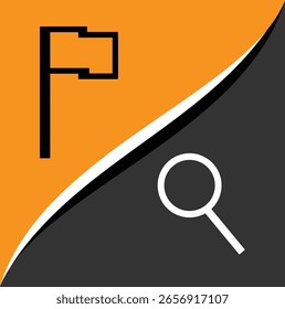 Um design vetorial moderno e minimalista. É um ícone de bandeira estilizada e símbolo de lupa. O design é dividido por um traço curvo branco e preto, dando uma aparência dinâmica e elegante.