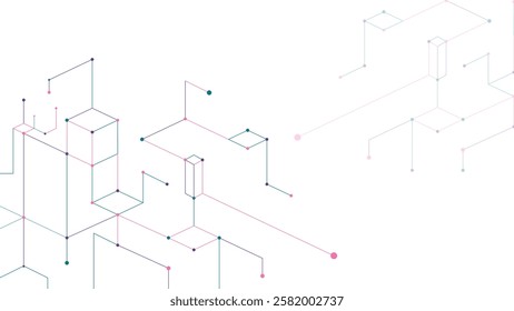 A modern, minimalistic vector illustration featuring interconnected geometric lines, boxes, and nodes in soft pink and blue tones. Ideal for technology, data, or digital networking themes.
