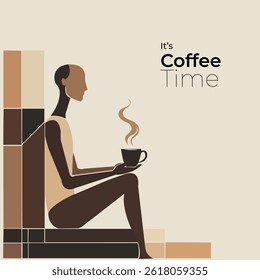 Modern Minimalistic Vector Illustration Poster of a Man siting with a Cup of Coffee with a tagline – it’s coffee time