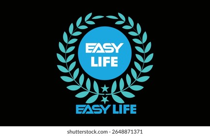 A modern and minimalistic vector logo design featuring the text “EASY LIFE” inside a circular blue background surrounded by a laurel wreath. 