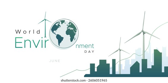 A modern and minimalistic World Environment Day banner featuring a clean design with wind turbines, a city skyline, and a globe icon. The eco-friendly theme promotes renewable energy, sustainability
