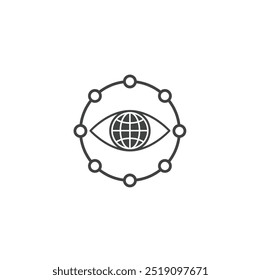 Mundo minimalista moderno en el ojo en Vector de icono de línea circular. Esquema de seguridad global icono ojo y globo concepto. Símbolo de la visión del mundo aislado en el fondo blanco