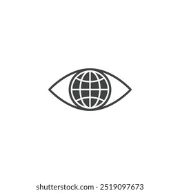 Mundo minimalista moderno en el ojo en Vector de icono de línea circular. Esquema de seguridad global icono ojo y globo concepto. Símbolo de la visión del mundo aislado en el fondo blanco