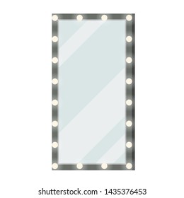 Modern mirror with light bulb. Women bedroom or backstage dressing room interior- makeup illuminated floor or wall mirror isolated on white background. Vector flat design cartoon style illustration.