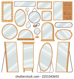 Modern mirrors flat icons set. Different shapes of modern and vintage speculums. Glass surface with clear image. Color isolated illustrations