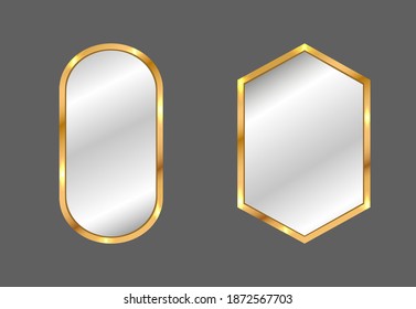 Modern mirrors set. Oval and square mirrors with golden frame. Home decor. Realistic vector illustration in country style.