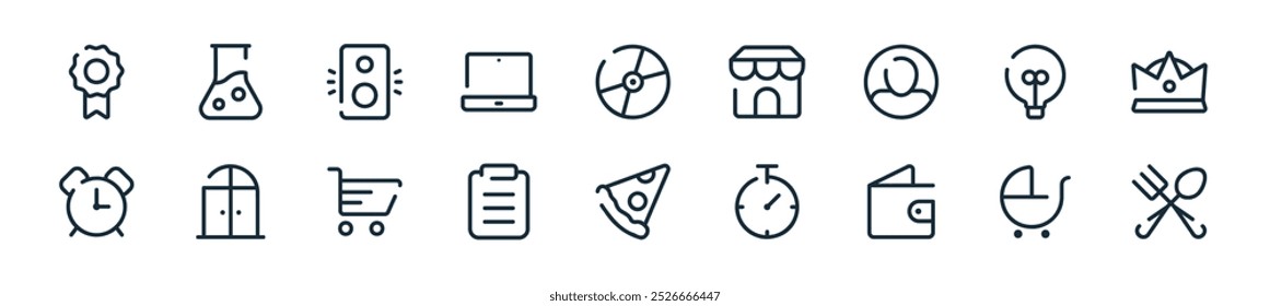 Perfecto para diseños de interfaz de usuario lineal con cubiertos de Vector, cochecito, cartera, cronómetro, pizza, Portapapeles, Carrito y más iconos para App móviles y de Web.