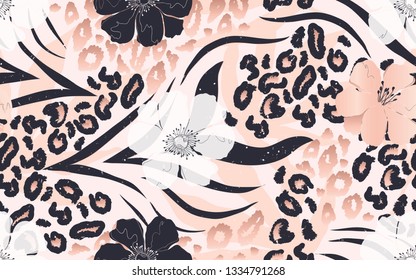 Modern mix animal skin prints with flowers pattern design. Good for t-shirt textile graphic design, wallpaper, wrapping paper. Fashionable template for design.