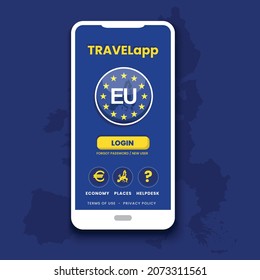 Modern mobile app with European Union symbol, currency and icons vector illustration 