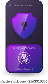 A modern mobile app interface for securing financial statements featuring a gradient shield icon and fingerprint authentication section