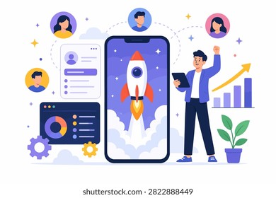 Modern mobile app launch vector showing startup growth, user acquisition, and digital product success for app marketing and technology content