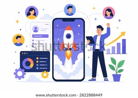 Modern mobile app launch vector showing startup growth, user acquisition, and digital product success for app marketing and technology content