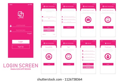Modern mobile app UI, UX materials design kit of login screen with the reset password and sign up feature. Pink color theme. Vector template EPS10.