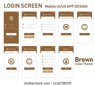 Modern mobile app UI, UX materials design kit of login screen with the reset password and sign up feature. Brown color theme. Vector template EPS10.