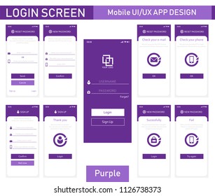 Modern mobile app UI, UX materials design kit of login screen with the reset password and sign up feature. Purple color theme. Vector template EPS10.