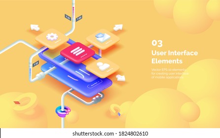 Modern mobile app user interface concept. 3D Smartphone on a yellow background with tools for creating a mobile interface. Mobile interface design. Modern vector illustration isometric style.