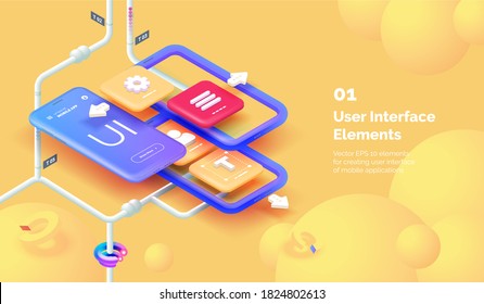 Modern mobile app user interface concept. 3D Smartphone on a yellow background with tools for creating a mobile interface. Mobile interface design. Modern vector illustration isometric style.