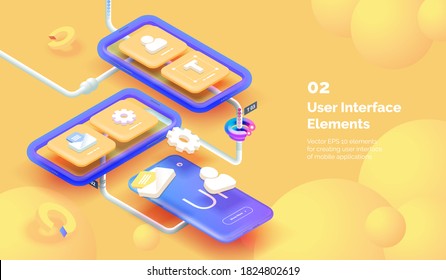 Modern mobile app user interface concept. 3D Smartphone on a yellow background with tools for creating a mobile interface. Mobile interface design. Modern vector illustration isometric style.