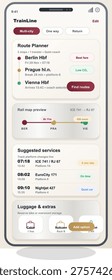 A modern mobile application interface for a train route planner featuring a multi-city itinerary. The UI includes a rail map preview, suggested services, and luggage booking options.