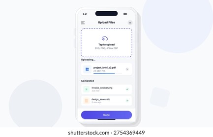 A modern mobile application interface for uploading files on a smartphone mockup. The UI displays an active upload progress bar, a list of completed documents, and a call-to-action button.
