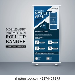 Modern Mobile apps Roll up banner template, Mobile app promotion, stand layout, x-banner, poster, advertisement, print media advertising.