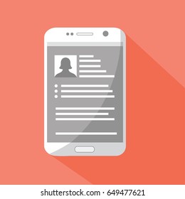 a modern mobile, cell phone or smart phone flat design style vector isolated with resume, cv & photo or image silhouette of female or woman cartoon looking for a job like a modern message