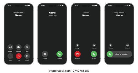 Modern Mobile Incoming And Outgoing Call Interface Set Featuring Voice Call Screens, Accept And Decline Buttons, Contact Display Layouts And Smartphone Telecommunication 